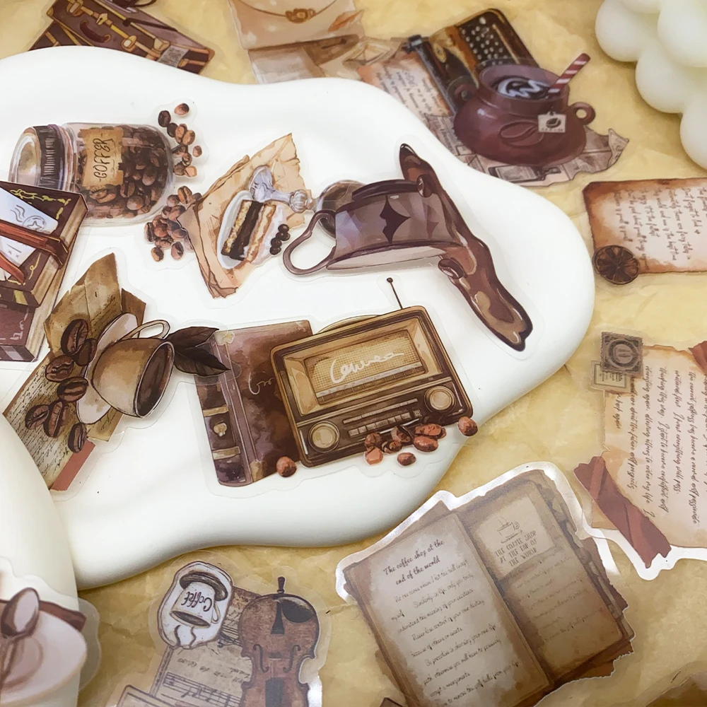 50pcs Vintage Cafe Transparent PET Stickers Decals For Laptop Luggage Skateboard Scrapbook DIY Aesthetic Stickers Creative Gifts