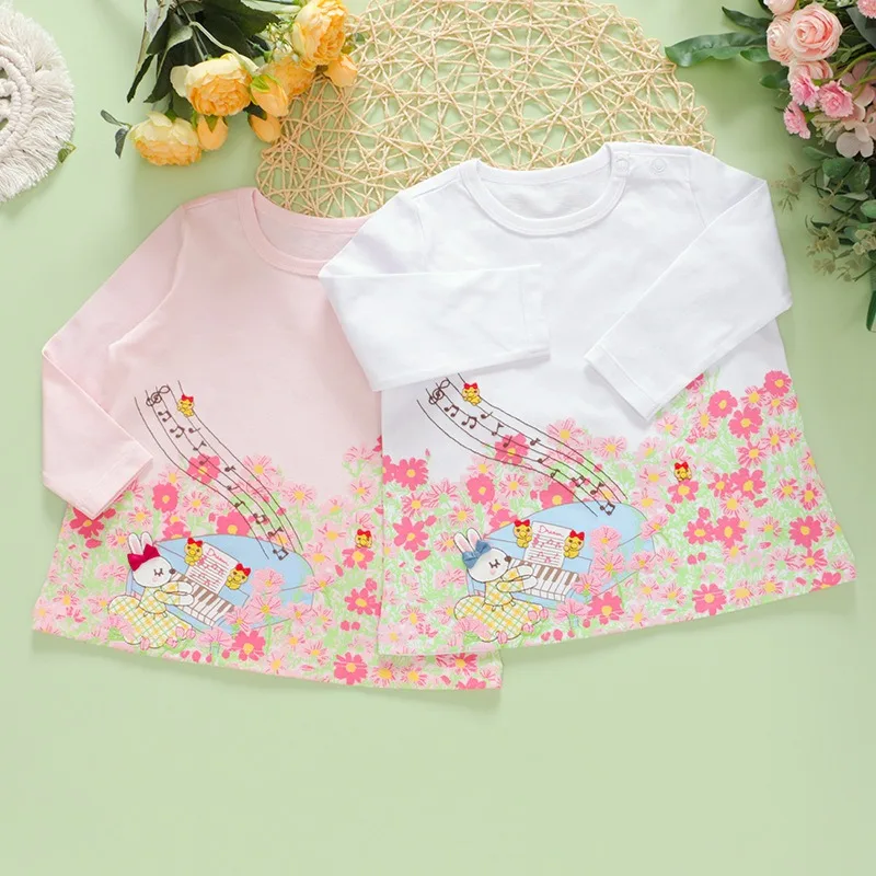 Autumn Baby Girls Long Sleeved T-shirts  Japanese Cartoon Cute Bunny Playing Piano T-shirt  Girl Clothes  Interior Tops