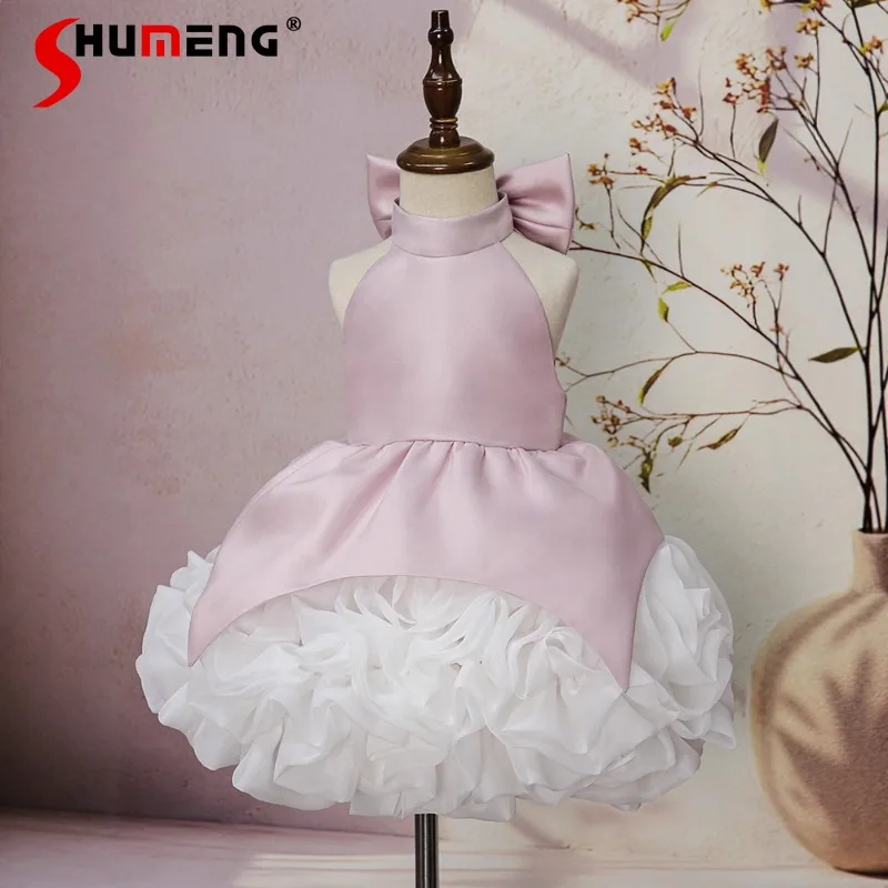 

Детское платье принцессы 2026: Новое розовое атласное платье-халтер без рукавов с пышной юбкой, милое нарядное платье для девочек, бальное платье с цветами