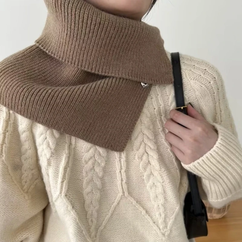 Winter Warm Knitted Turtleneck Faux Collar with Snap Button Women Casual Solid Detachable Neck Scarf Thicken Windproof Collar