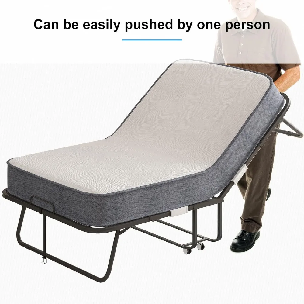 سرير قابل للطي مع 5 مرتبة إسفنجية ميموري، سرير قابل للطي بإطار معدني وعجلات قابلة للقفل، سرير ضيوف محمول للراحة