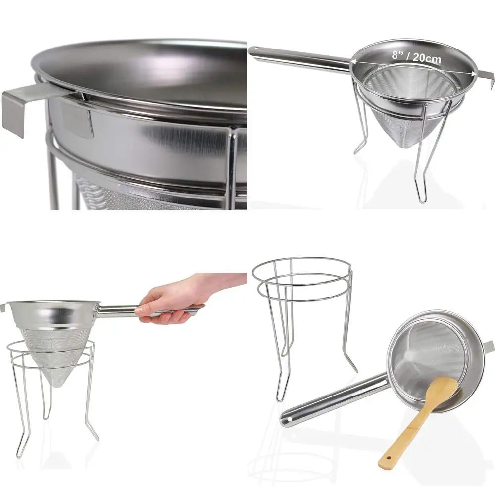 

8 Premium Chinois Sieve Set - Stainless Steel with Extra Fine Mesh, Spatula, and Stand