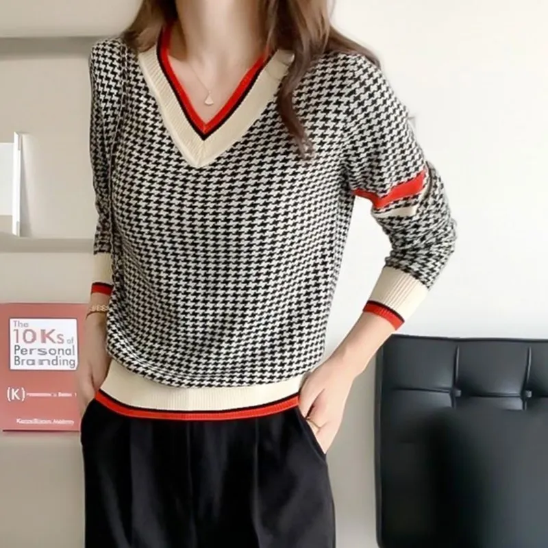 Suéter de manga larga con cuello en V para mujer, Jersey de punto con estampado de pata de gallo, estilo informal, a la moda, para otoño e invierno, novedad de 2024