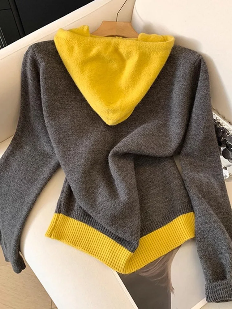 

Color Contrasting Hoodie Knitted Sweater Women Spring Autumn New Style Spring Color Design Fake Two Piece Interior Bottom Top