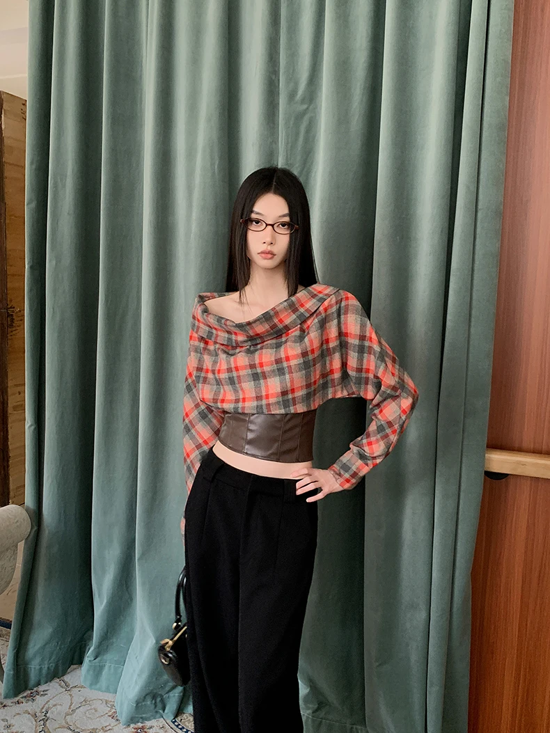 CHEERART Off The Shoulder Plaid Batwing Blouses Women Long Sleeve Crop Top Patchwork Leather Designer Blouse Fall Clothes 2024