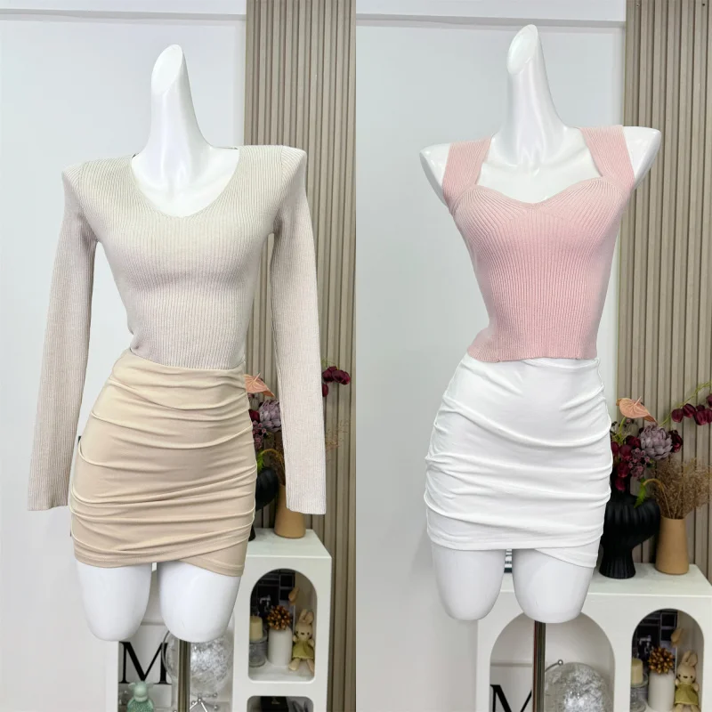 Chill Qiao'er Golden Secretary Outfit Apricot Waist-Cinching A-Line Skirt for Women Irregular Pleated Bodycon Short Skirt