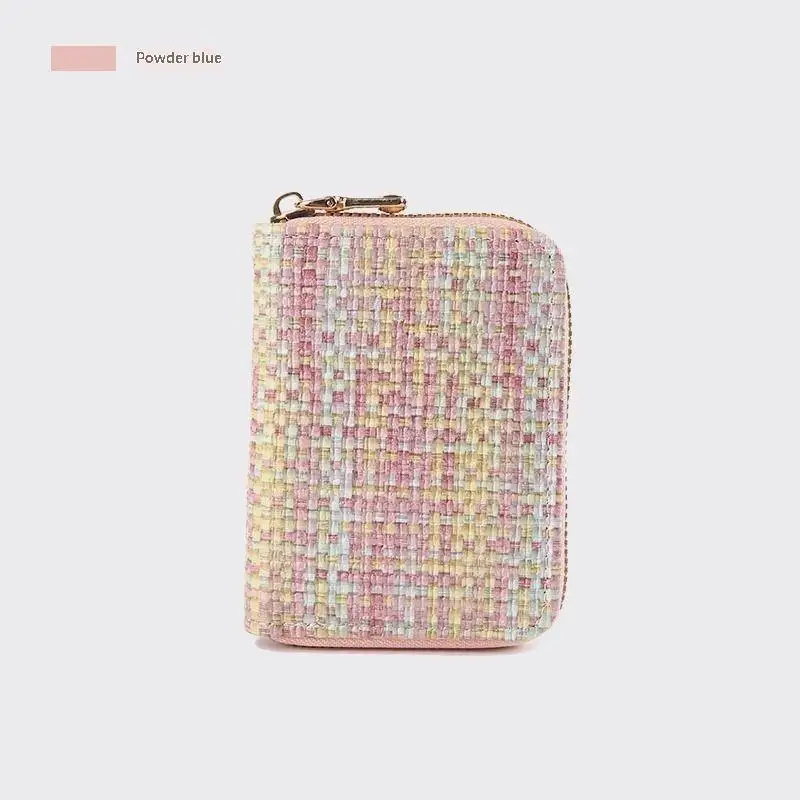 Pastel Tweed Plaid Zipper Card Holder With Multiple Card Slots Gold Zipper Perfect For Daily Commute Shopping Short Trips