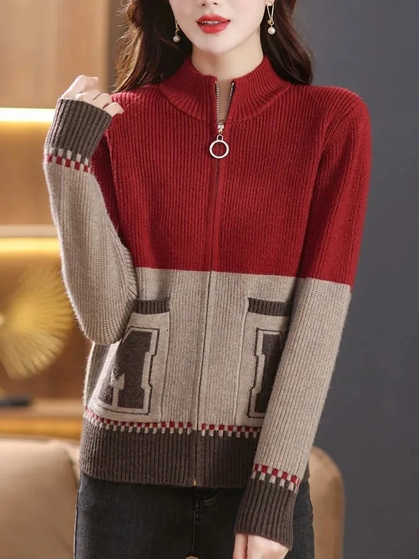 Retro Style Slimming Knitted Open Cardigan Women's Spring Autumn Loose Outerwear Trendy Color Block Sweater Versatile Outer J...