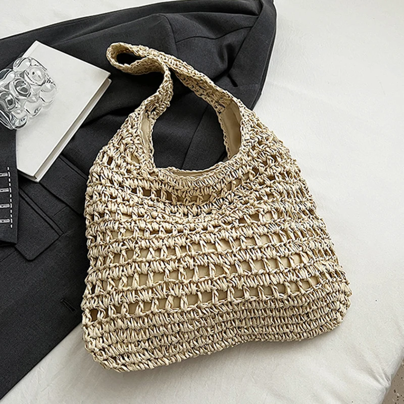 Rattan Crochet Shoulder Bag Summer Women Beach Tote Handbags Vintage Straw Woven Bag