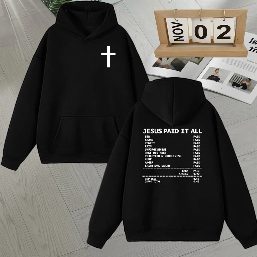 

Salvation Jesus Paid It All Hoodies Christian Bible Verse Double Sided Print Sweatshirt Fleece Men Women Casual Unisex Pullovers