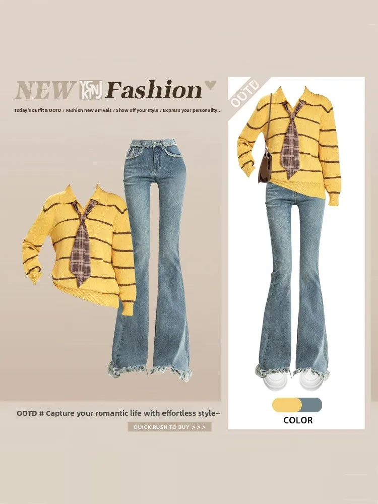 

Winter College Sle Striped Sweater Flared Jeans Slimming Set Women High Waist Long Sve Flip Collar Two Piece Faion Ens...