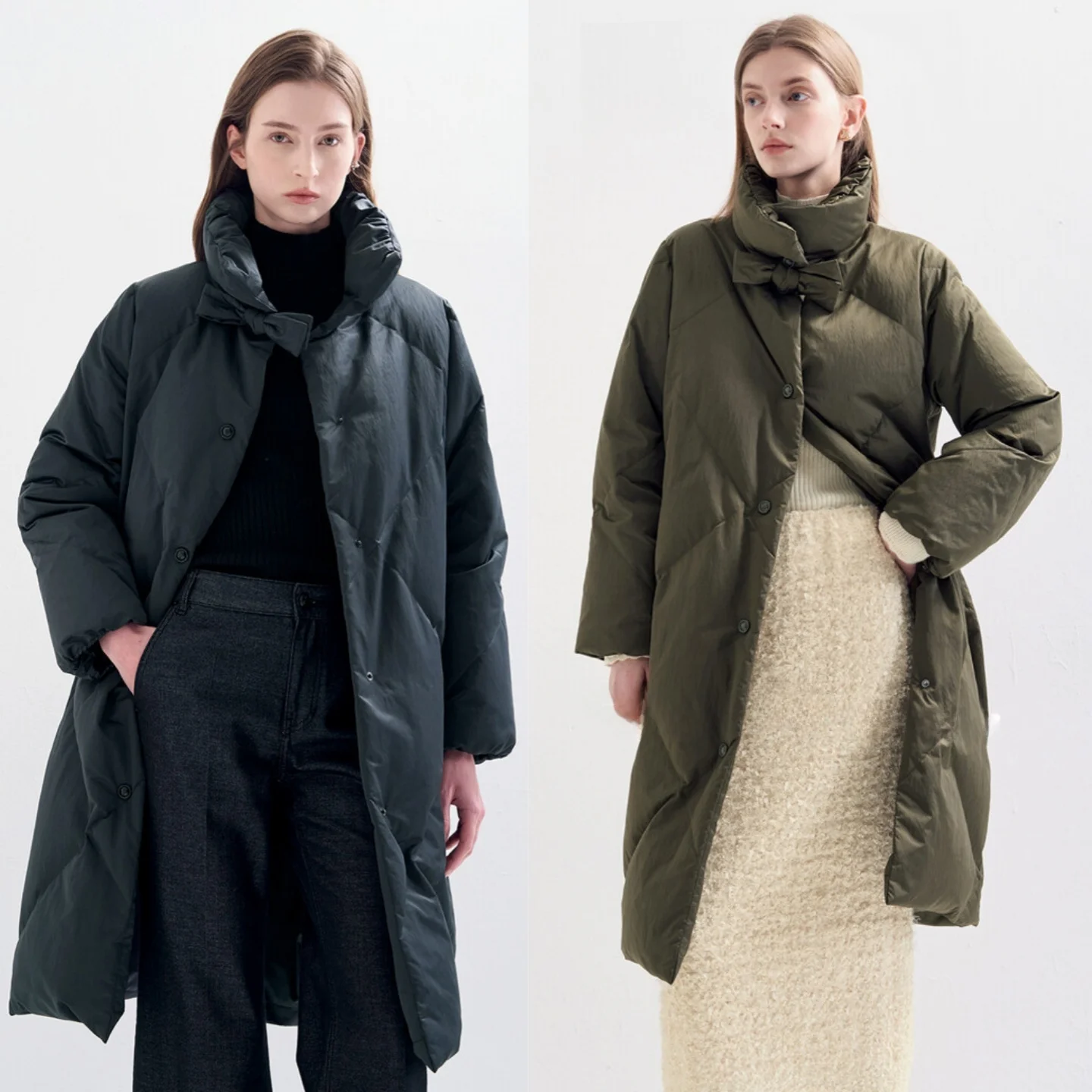

Thickened D-Grade Long Goose down Jacket Stand Collar Knot Commute Versatile Outerwear Warmth Pure Color Korean Style