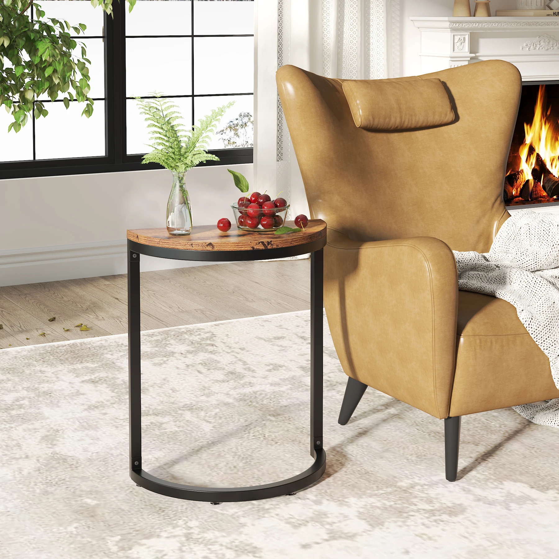 Tribesigns End Table Semi Circle, Small Half Round Side Table with Metal Frame, Wood Accent Table Slim C Table