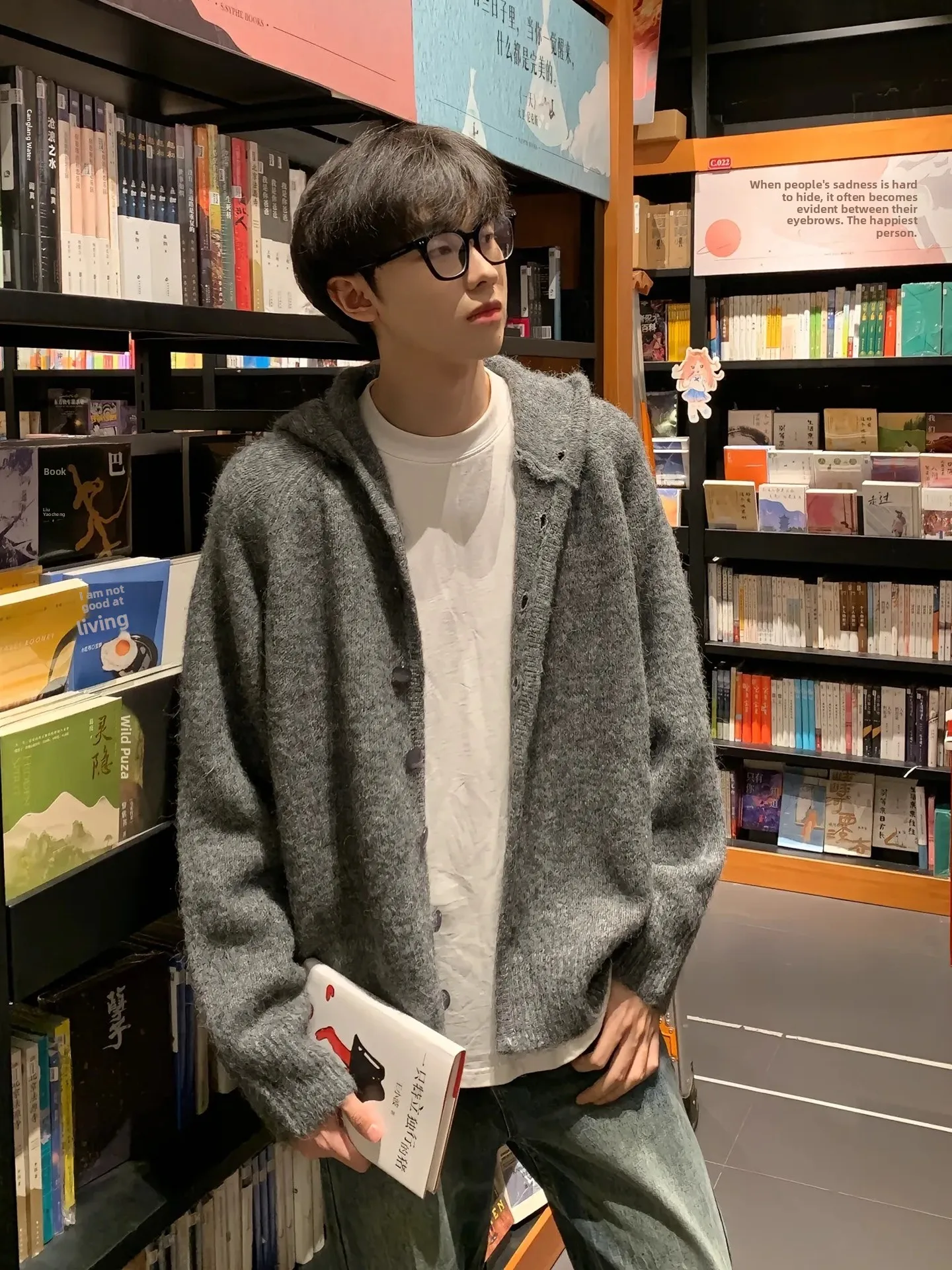 

Мужской вязаный кардиган с капюшоном в стиле ретро, американский свободный крой, корейский повседневный стиль, осенняя верхняя одежда