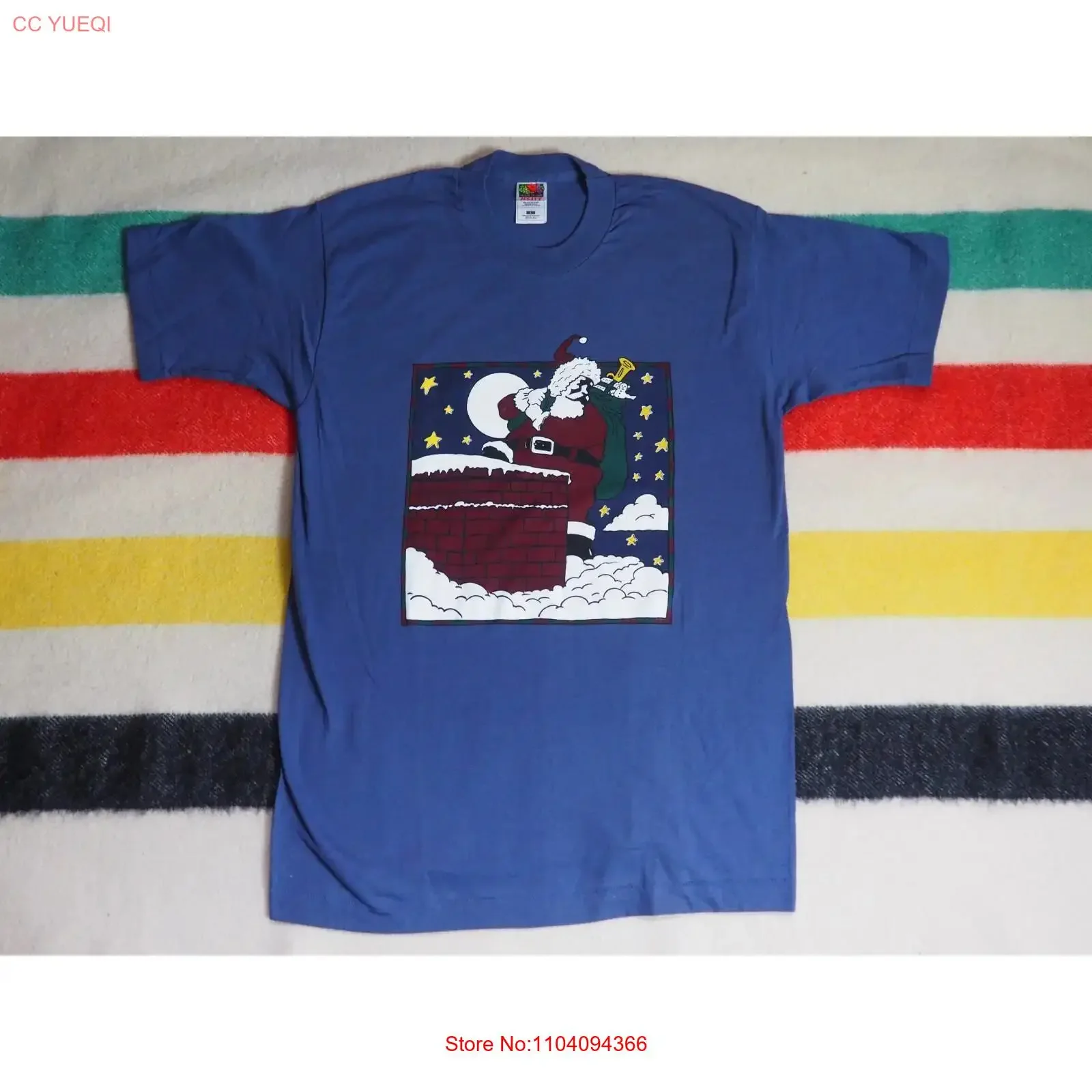 VTG 90s Fruit Loom Santa Christmas Holiday Art Chimney Blue USA T Shirt LT vintage Washed homme streetwear Comfortable fashion