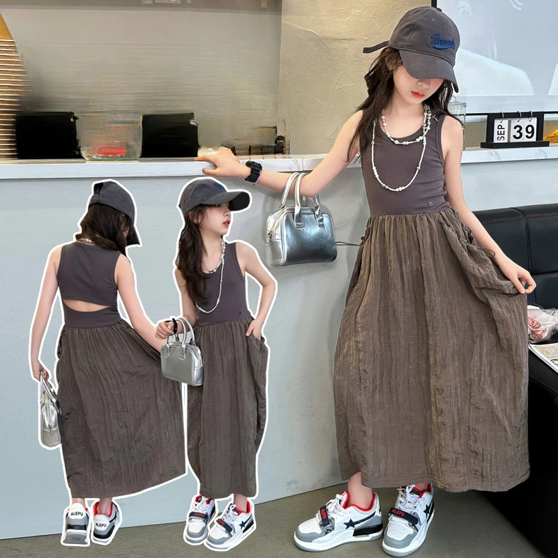 Girls Skirt Summer Sundress 2024 New Style Women Big Children Trend Dress Children Fashion Casual Slip Dress Simple Casual