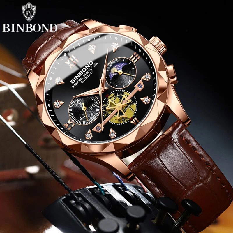 BINBOND-Reloj de lujo con esfera a escala de diamante para hombre, resistente al agua, luminoso, de cuero, informal, cronógrafo, de cuarzo, 30M