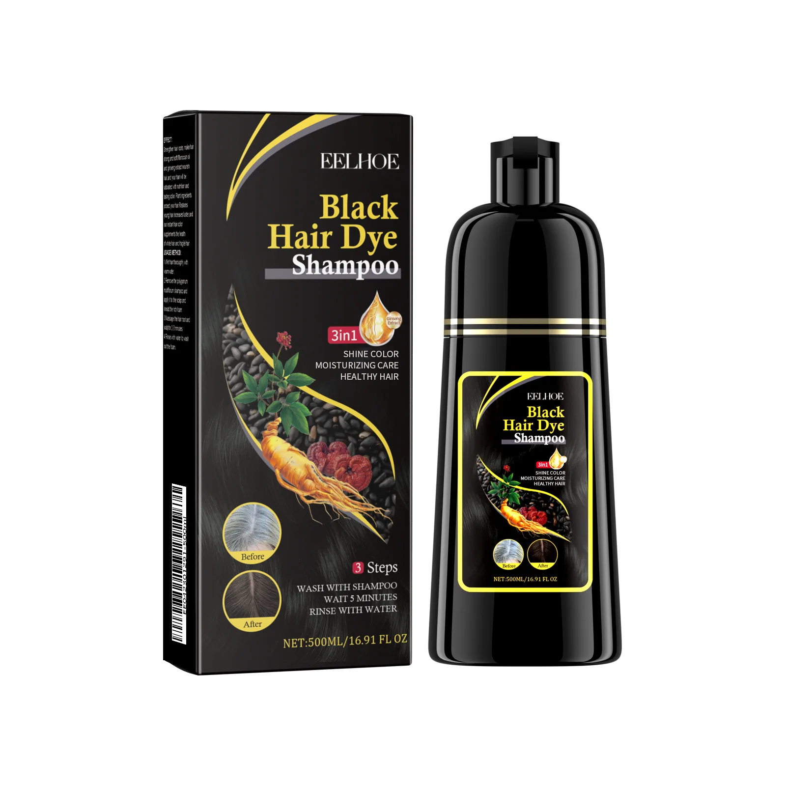 EELHOE Zwarte Haarverf Shampoo 3-in-1 Groei Schoon Haar Verduistering Diep Voedende Zwarte Haarverf Shampoo Natuurlijke Biologische Kruiden