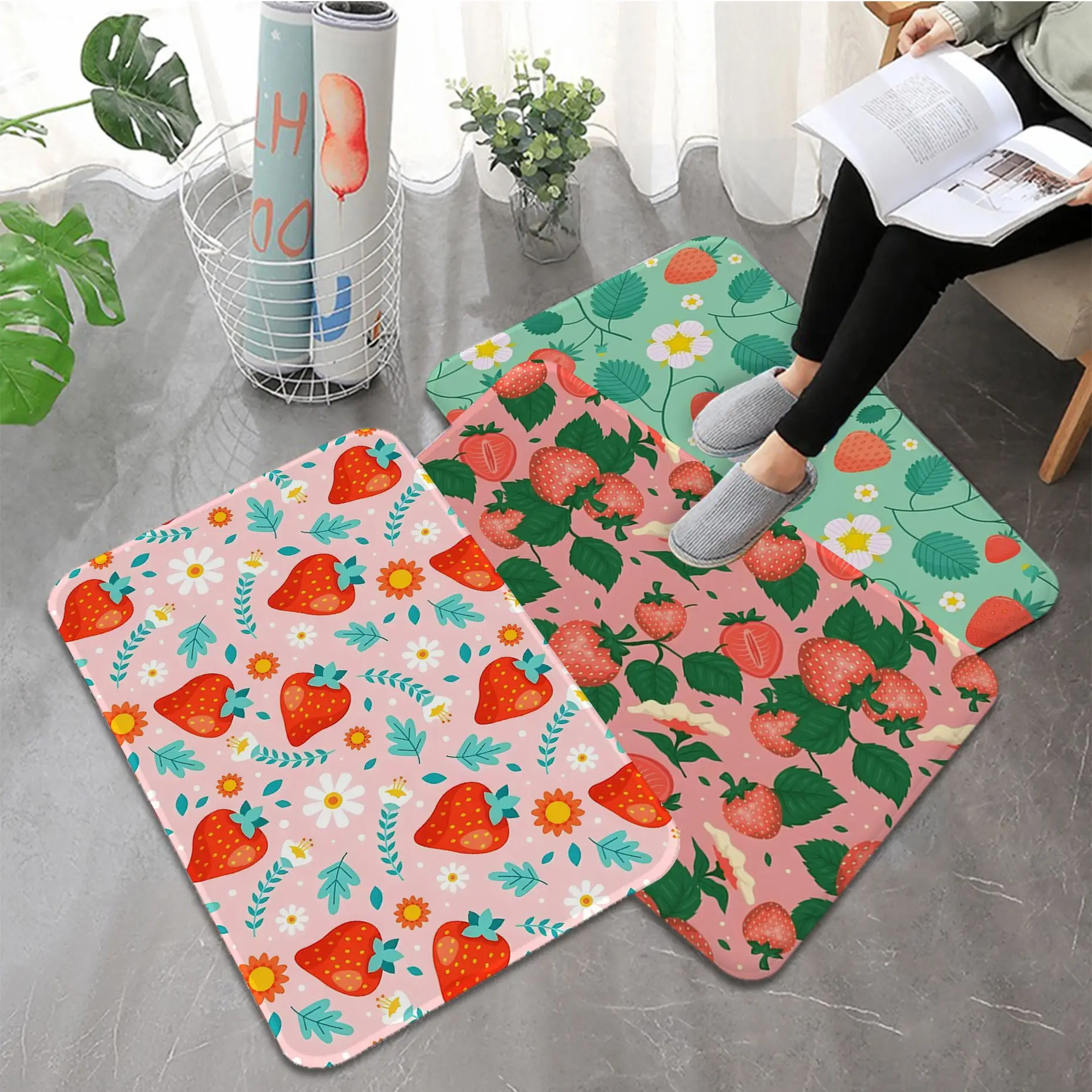 

Strawberry Print Floor Mat Bathroom Mat Kids Room Bedroom Decoration Balcony Anti-Slip Doormat Living Room Welcome Rug