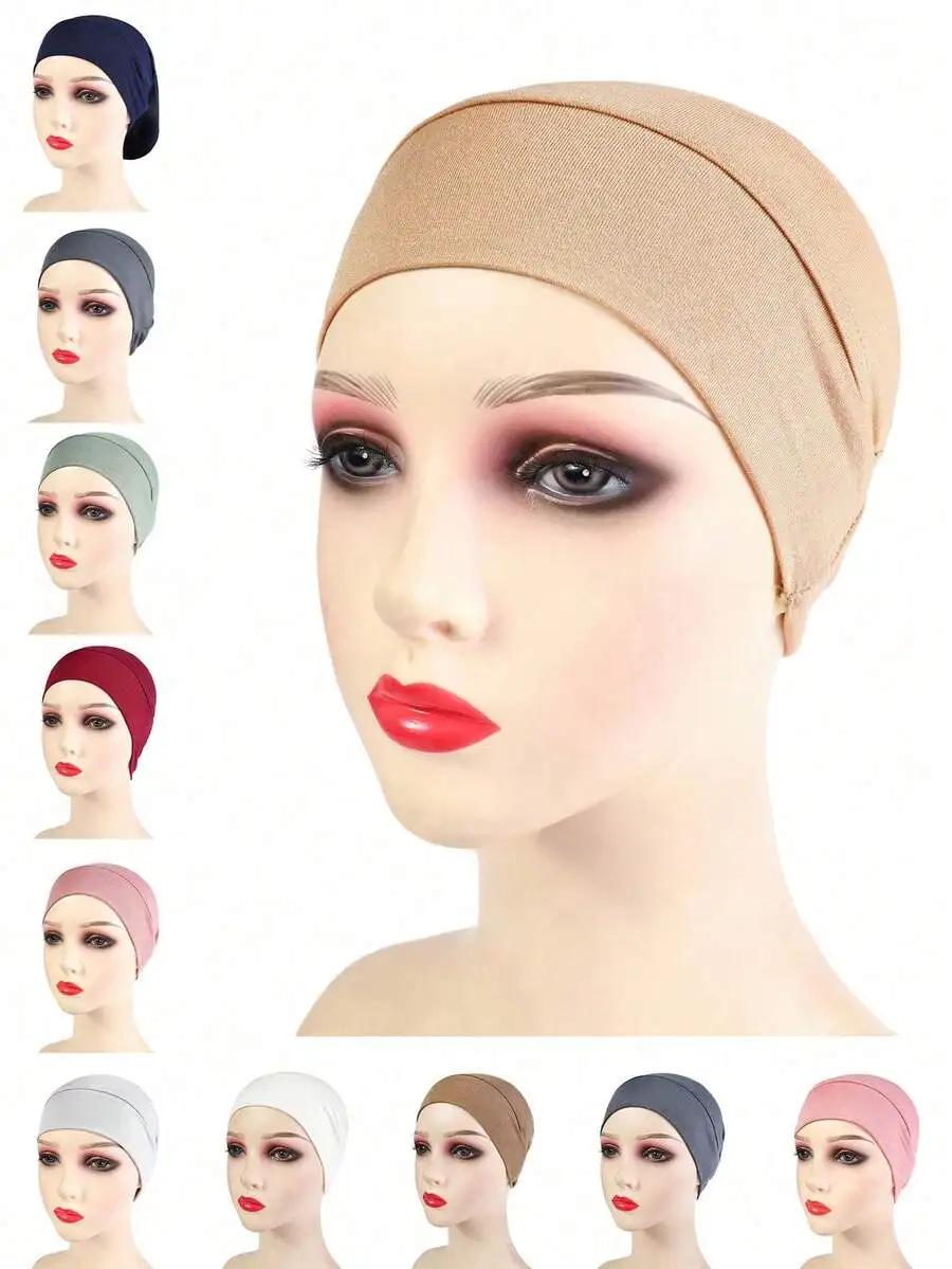 

Women Solid Color Soft Viscose Hijab Inner Cap Elastic Silky Comfortable Daily Headscarf Wear