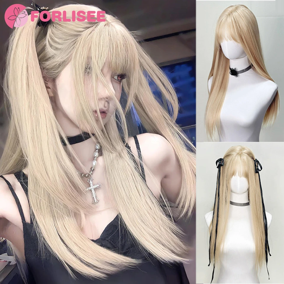 

FORLISEE Golden Long Straight Synthetic Wigs For Cosplay Natural Hair Wig with Bangs For Women Heat Resistant Party Hairs