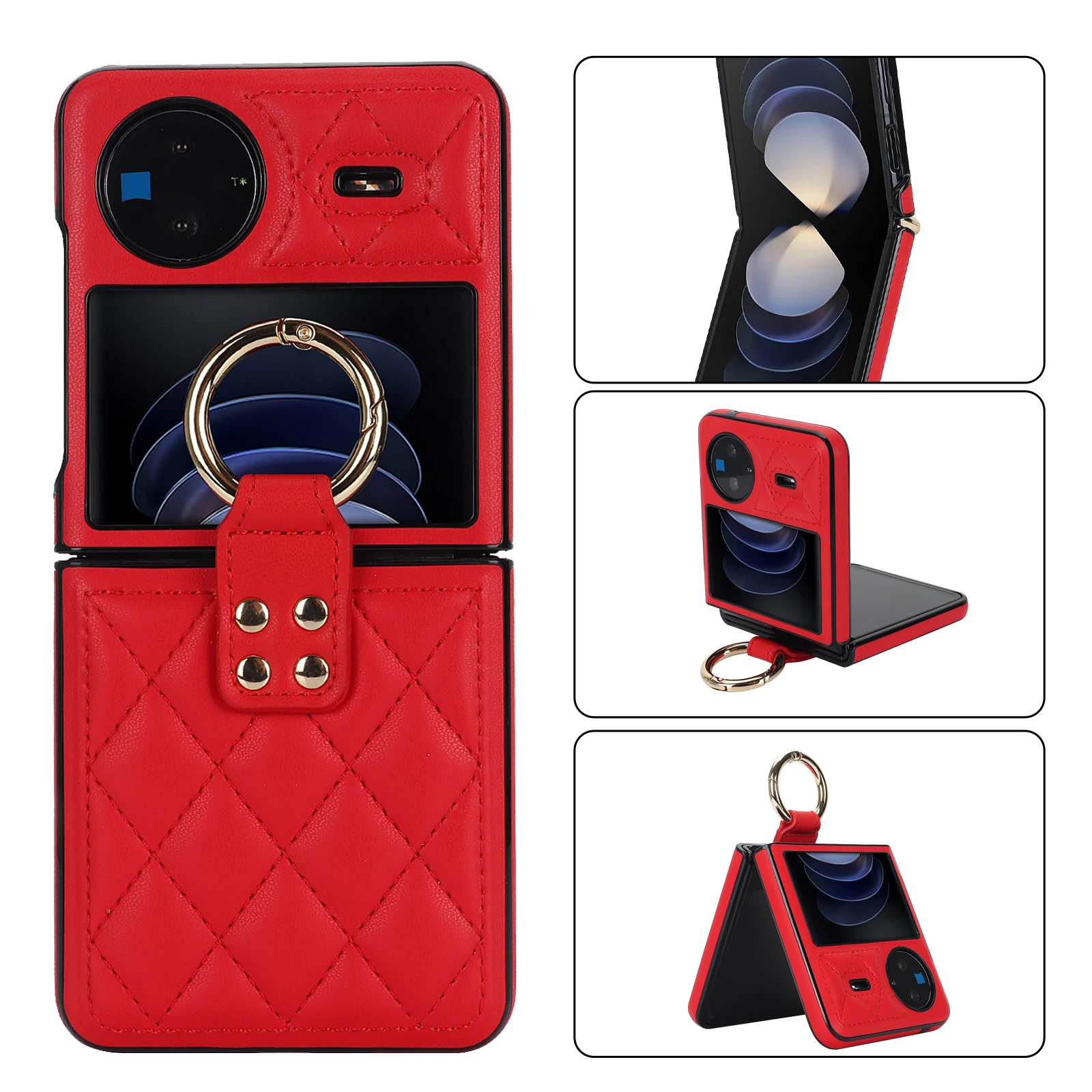 

For VIVO X Flip Luxury Soft PU Leather Hybrid Hard PC Shell Protective Phone Case with Ring Holder for VIVO X Flip