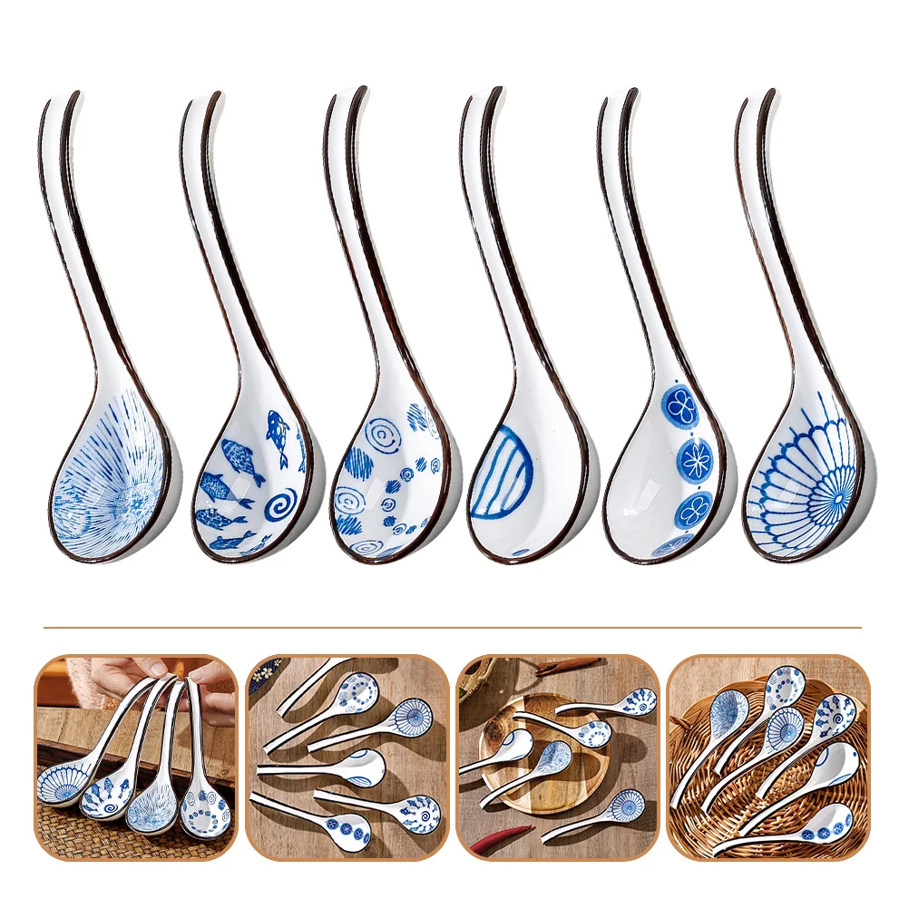 

6Pcs Ceramic Asian Soup Spoons Blue and White Pattern Large Capacity Rice Paddle Soup Ladles Ceramic Spoon Rice Scooper