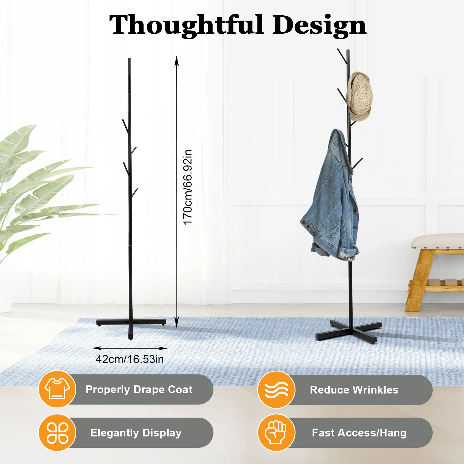 Tree-shaped Clothes Rack with 7 Hooks, Metal Free-Standing Coat Rack, Multifunction Storage Clothes Hanger