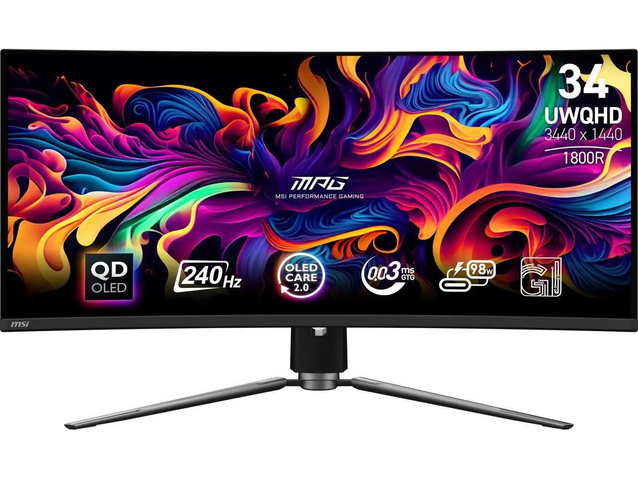MSI 34'' Ultrawide UWQHD 2K 1440P 240Hz G-Sync Compatible 0.03ms HDR400 USB-C KVM 1800R Curved OLED Gaming Computer Monitor with Height Adjustable, Swivel & Tilt stand MPG 341CQPX QD-OLED