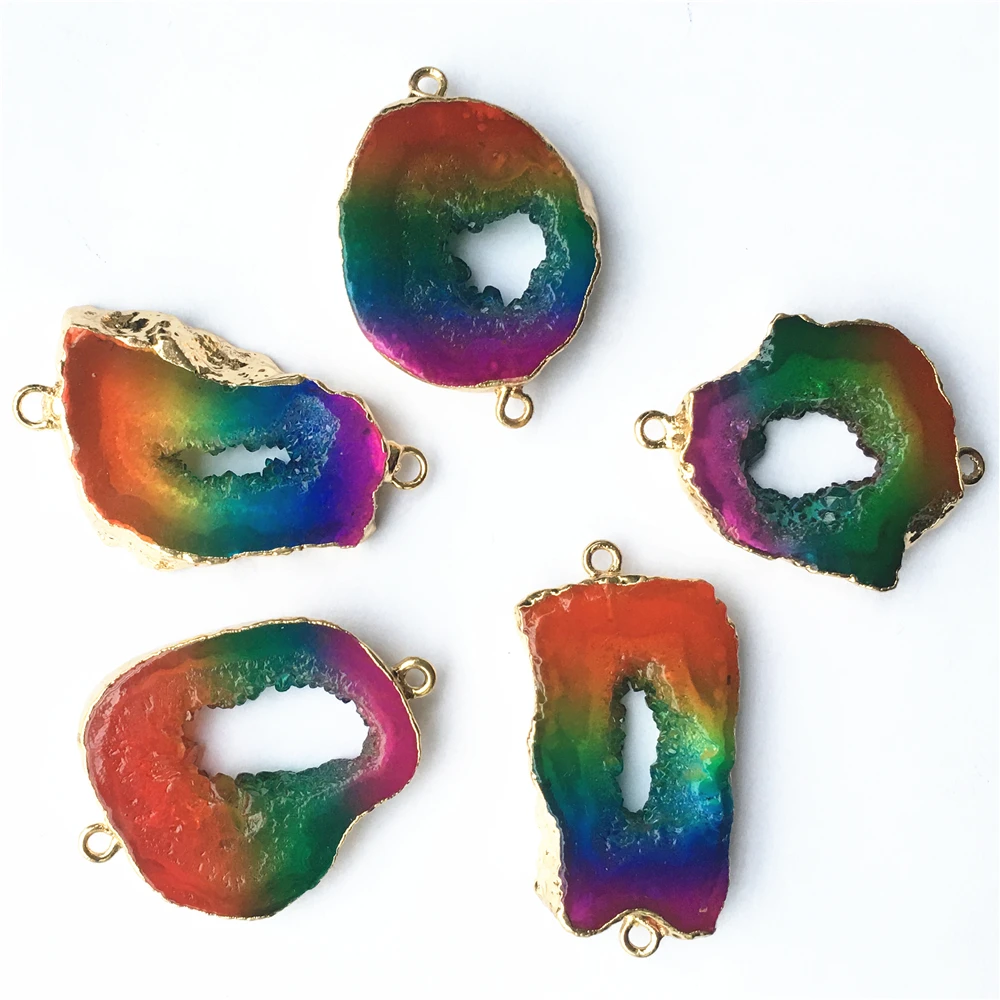 New Natural Multicolor Agates Slice Pendants Connectors Irregular Raw Druzy Natural Stone Pendants for DIY Jewelry Making 5PCS