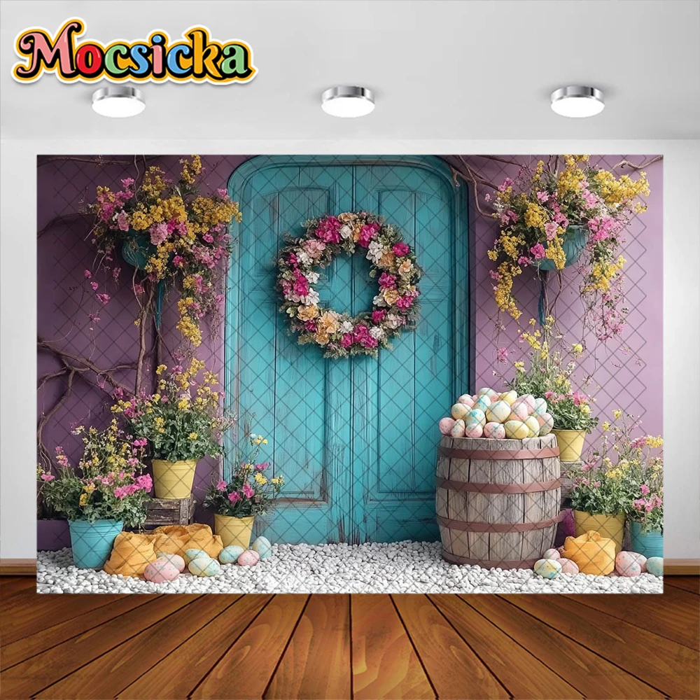 Spring Easter Photography Background Easter-Eggs Wreath Decoration Backdrops Baby Shower Holiday Portrait Photo Studio Props