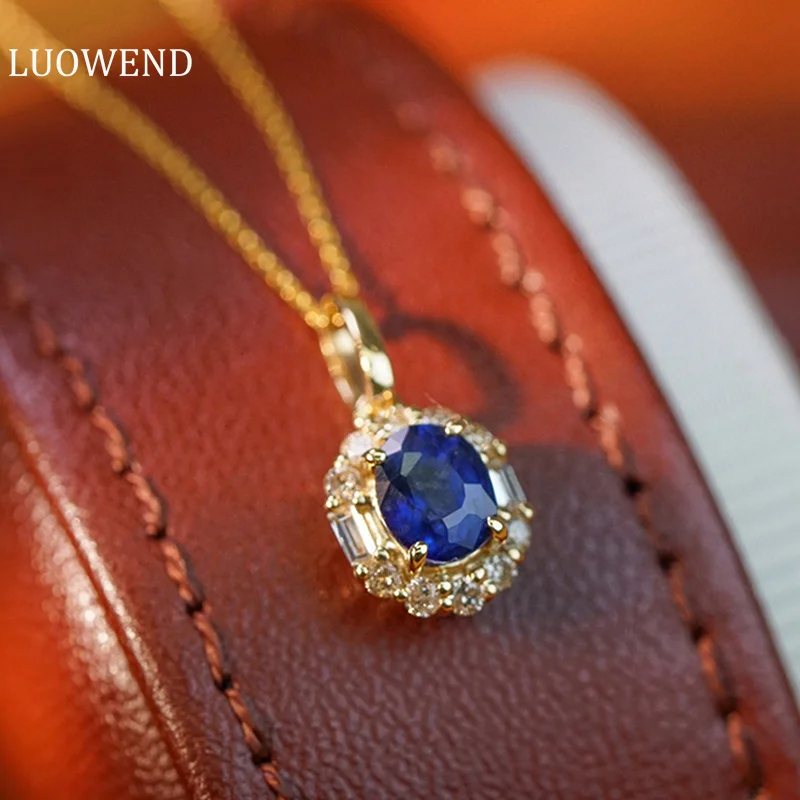 LUOWEND 100% 18K Yellow Gold Necklace Natural Diamond Natural Sapphire Necklace for Women Elegant Shiny Design Christmas Gift