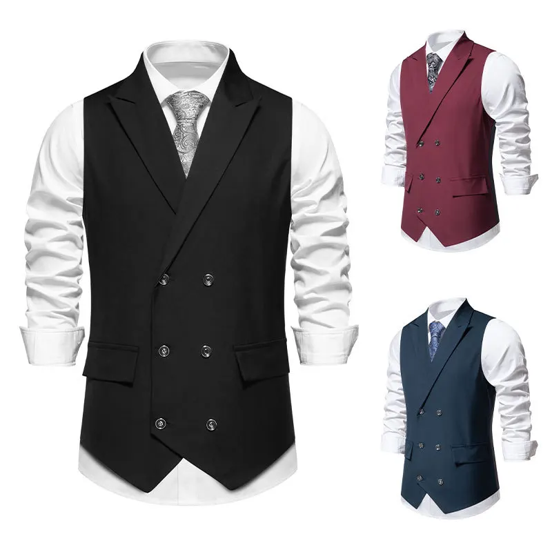 Spring New Men\'s Suit Vest with Flip Collar and Double Breasted Vest Top