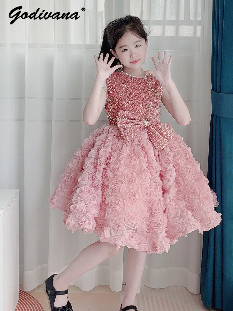Sweet Flower Girl High End Luxury Wedding Dress Girls Heavy 3D Floral Sequined Bow Party Performance Princess Sleeveless Gown