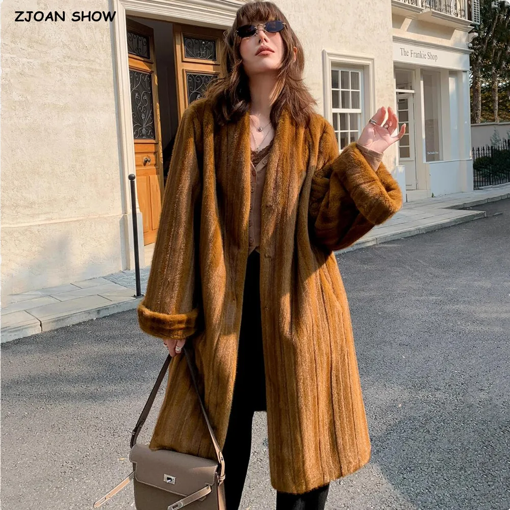 

Новое зимнее пальто из искусственного меха норки с тиснением в полоску, шикарное женское пальто с v-образным вырезом и пуговицами, свободная верхняя одежда миди с длинными рукавами