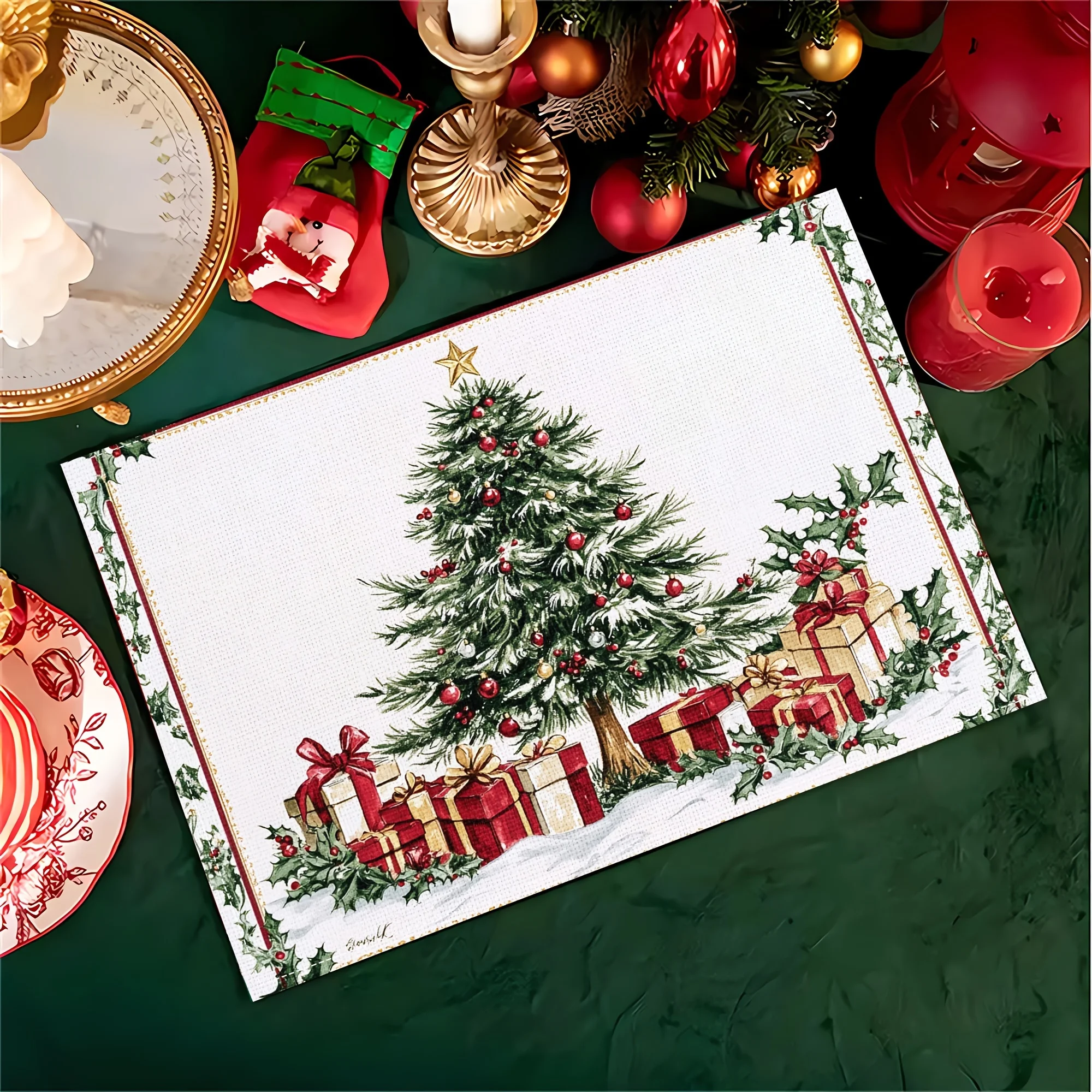VIKAMA 4-teilige Weihnachtsbaum-Geschenk-Tischsets, leicht zu reinigen, Familienfeiern, Weihnachtsfeiern, Feiertags-Tischdekoration