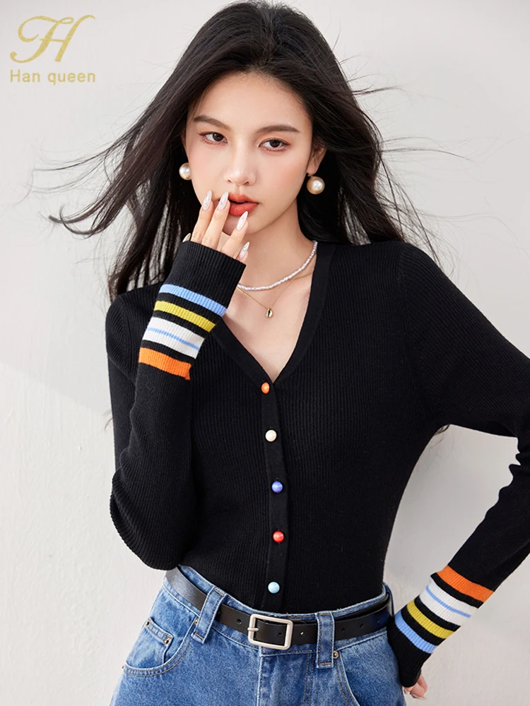 H Han Queen Autumn Winner Tops New Colorblocked Striped Knit Sweater T-Shirt Womens Vintage Work Casual Tops Elegant Women Tee