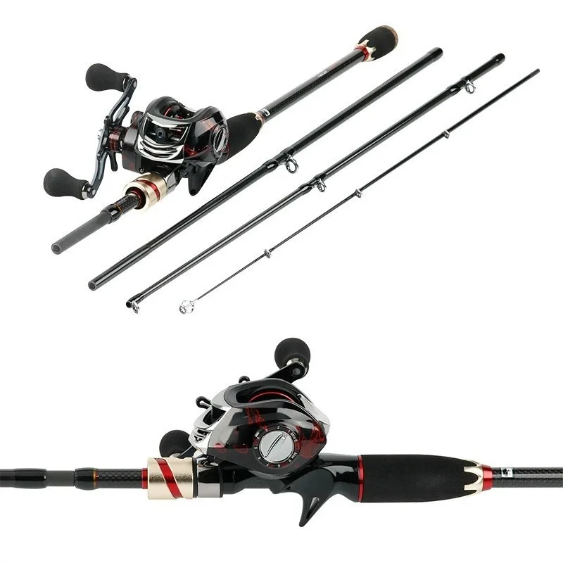 Sougayilang Casting Fishing Set 4 Sections Carbon Fiber Fishing Rod and 17+1BB Casting Fishing Reel  for Outdoor Travel Fishing