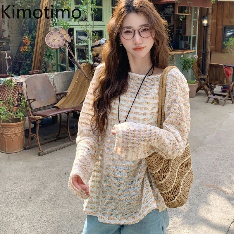 

Kimotimo Hollow Hook Flower Tie Dyed Knitted Pullover Women Autumn New O-Neck Loose Thin Sweater Sweet Casual Versatile Y2k Tops