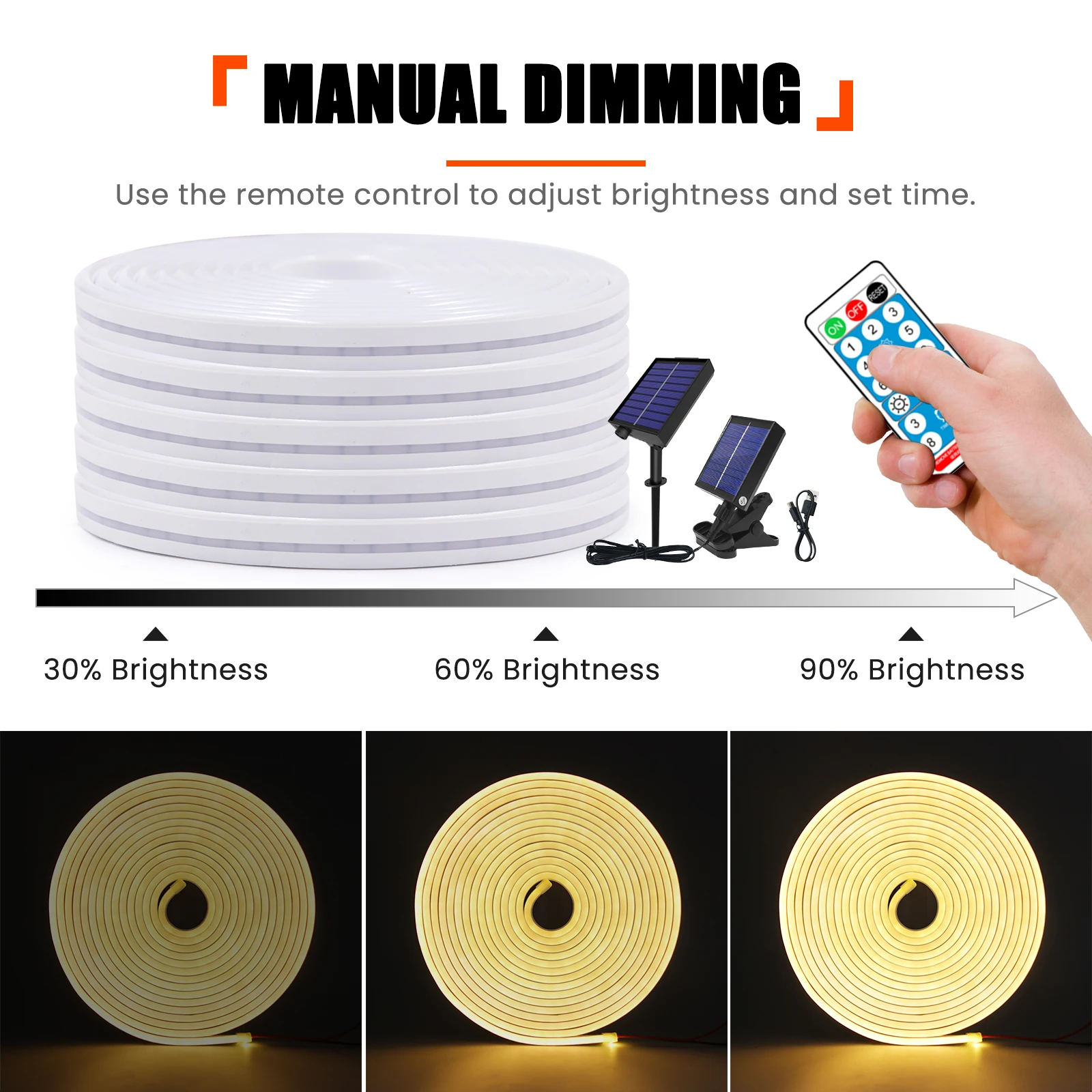 Solar Powered IP67 Waterproof Neon LED Strip Light DC5V 120 Leds/M 6X12MM Dimmable DIY Shape Decoration Warm Natural White Light