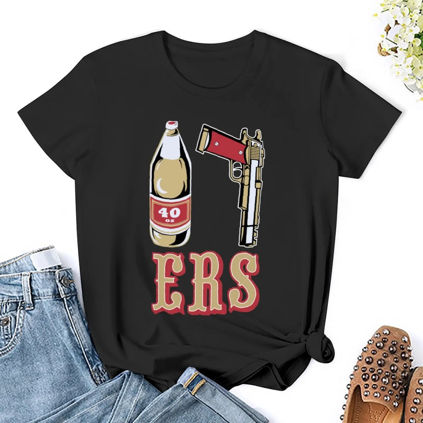 Cool Mens Black 49ers 40 OZ 9MM Gold Gun T-Shirt tops shirts graphic tees summer tops plus size tops Women's