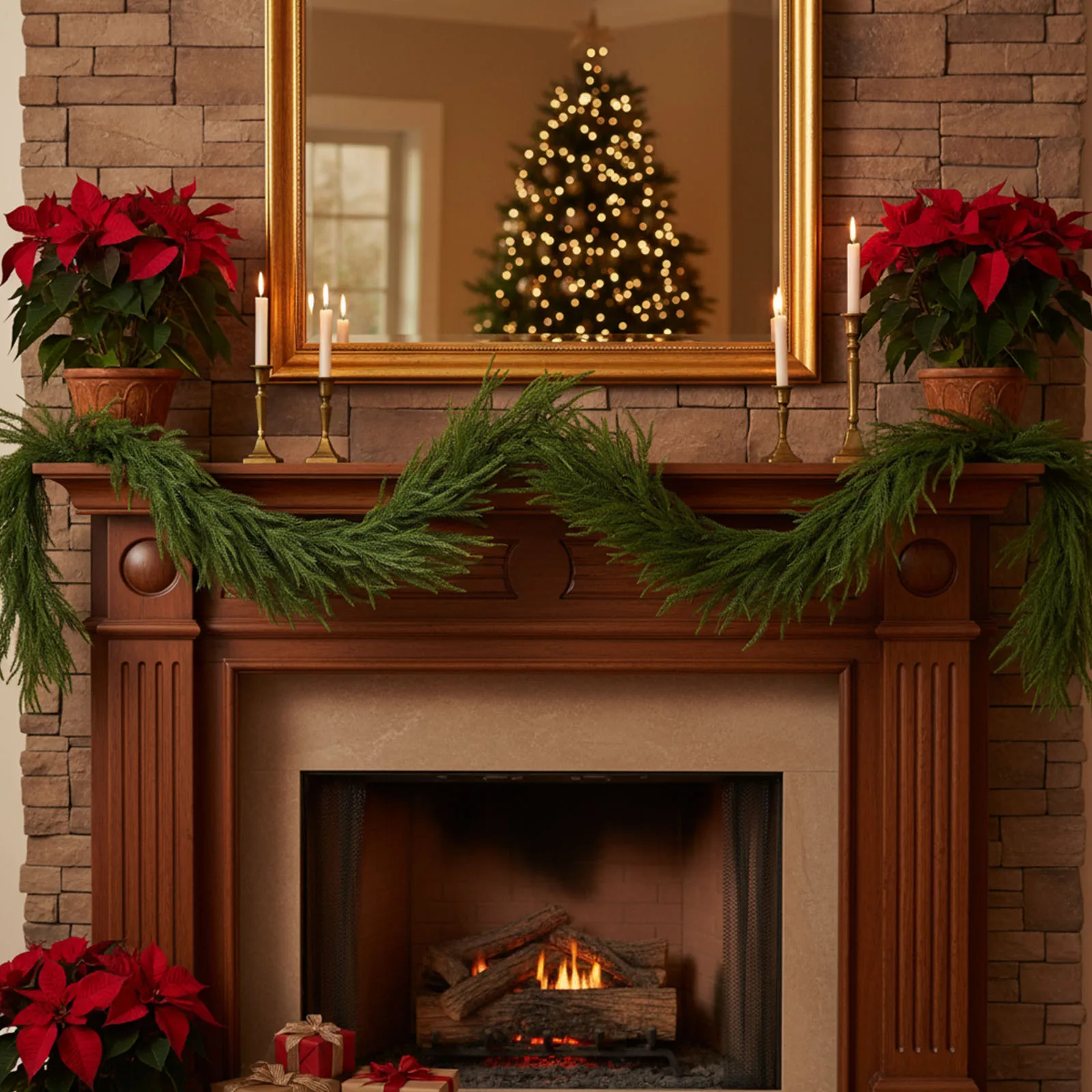 

Green Artificial Greenery Wreath Multi-Purpose Hanging Pine Decorative Garland Xmas Door Wreath for Mantle Fireplace Table