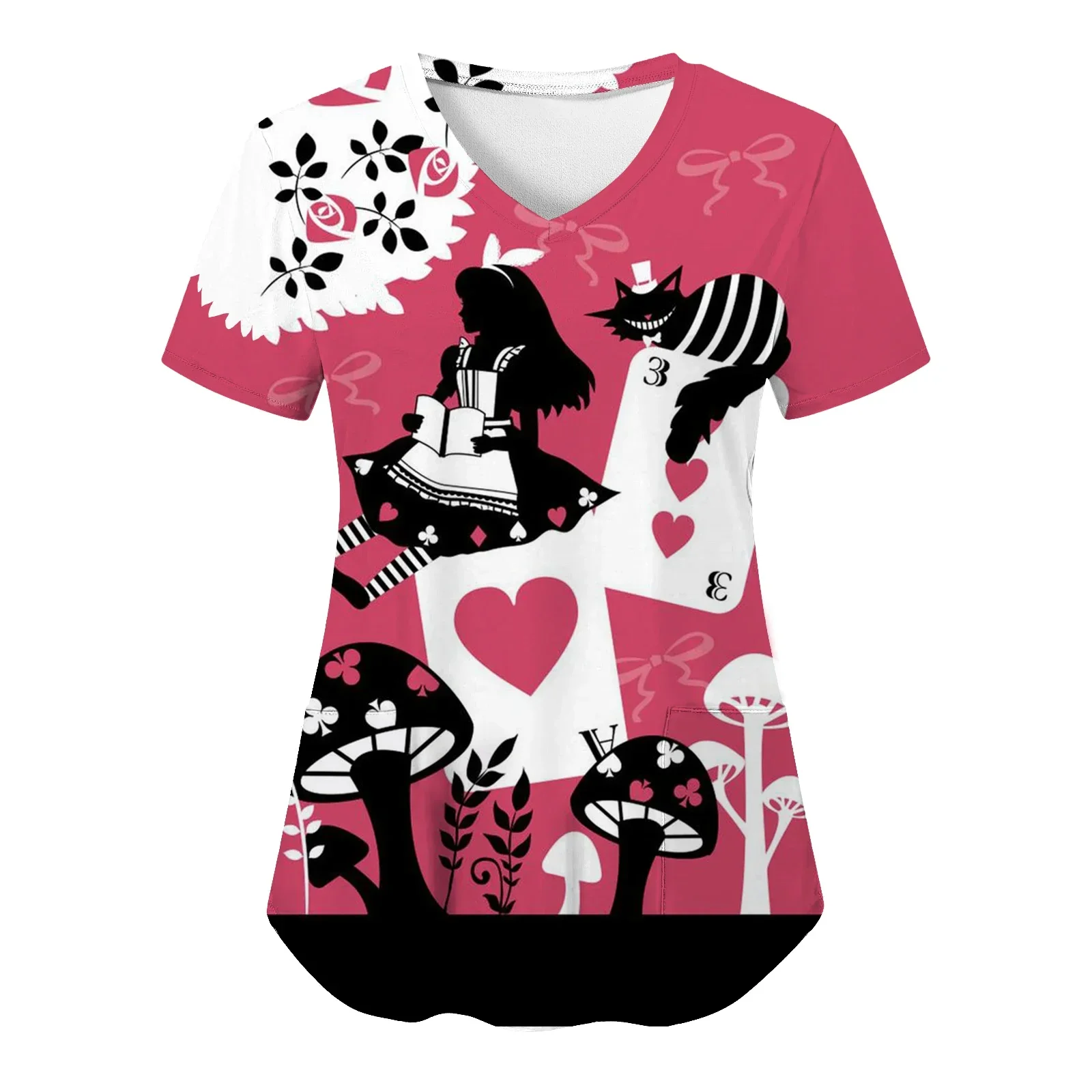 

2024 Summer Woman Nurse Tops Alice Print Nurse Uniform V-Neck Pocket Care Workers T-Shirt Clinic Working Clothing