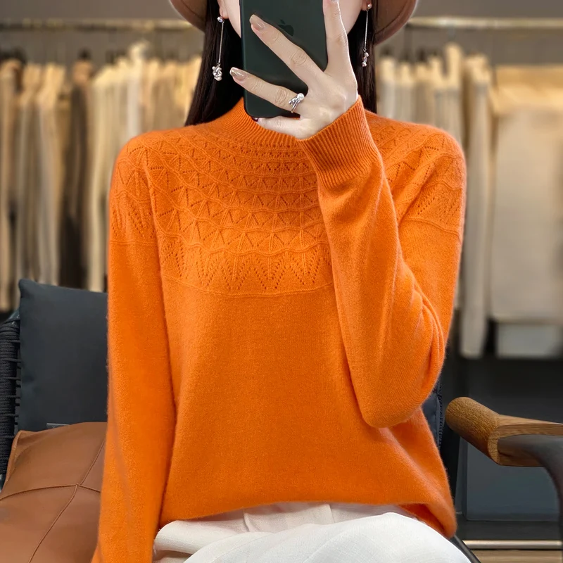 

Autumn and winter 100% merino wool first-line ready-to-wear hollow women's pullover semi-high neck solid color sweater