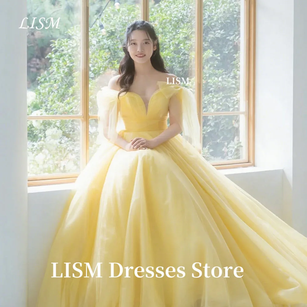 LISM Bright Yellow Korea Wedding Party Dresses Off Shoulder Soft Tulle Luxury Fluffy Party Dress 저녁 드레스 Customize Corsets