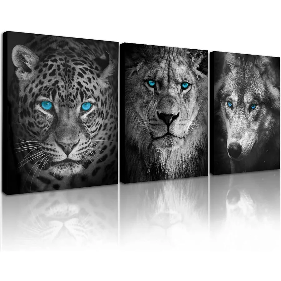 Black and white animal pictures diamond mosaic 3 pcs decoration, leopard diamond painting full drill lion wolf head, blue eyes