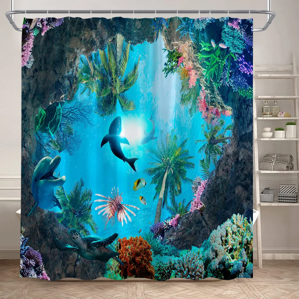 Ocean Animals Sea Turtle Shower Curtains Tropical Fish Coral Underwater Nature Scenery Child Bath Curtain Home Bathroom Decor