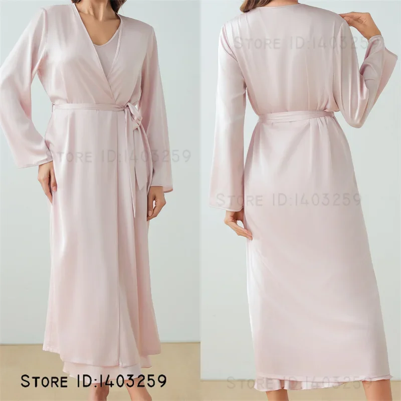 

Female Pink Long Robe Nightgown 2Pcs Set Elegant Silk Satin Sleepwear Bathrobe Kimono Gown Sexy Nightwear Home Dress Loungewear