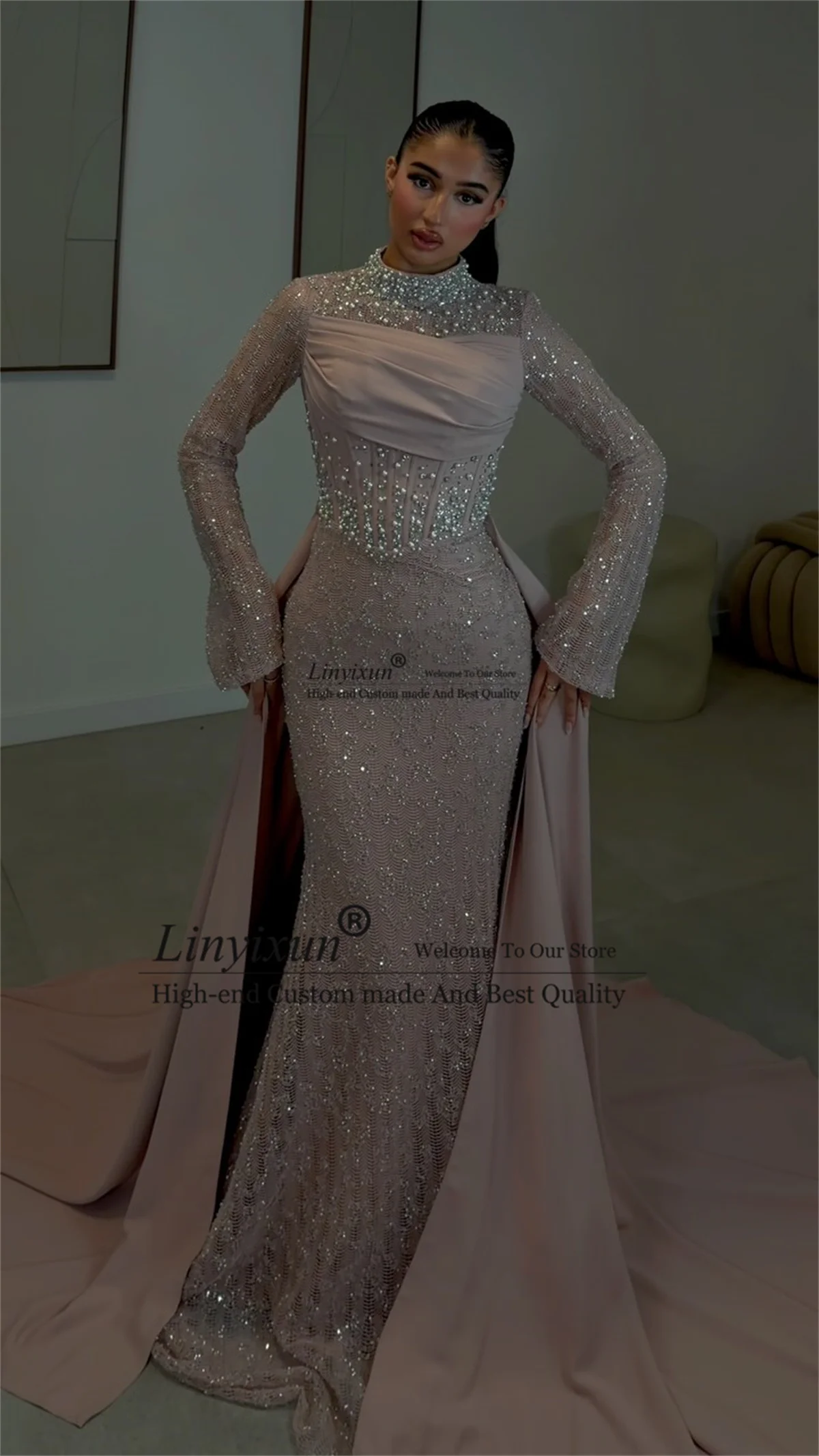 Glitzer-Pailletten-Diamant-Abendkleider mit abnehmbarer Schleppe Meerjungfrau-Ballkleid Maßgeschneiderte Arabische Dubai Damen Festliche Robe De Soirée