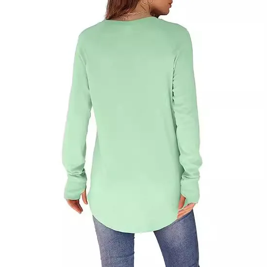 Women's Round Neck Solid Color Long-sleeved Top Loose O Neck Pullover Tops